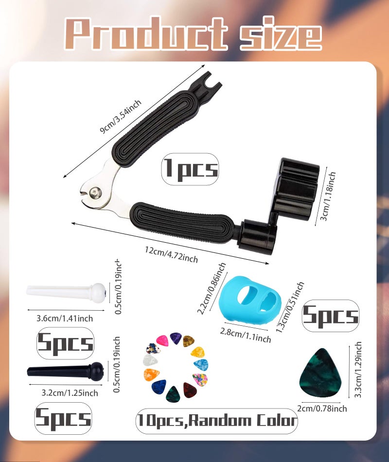 Zytiqt Guitar Accessories, 3-in-1 Guitar String Winder Cutter and Bridge Pin Puller, Multifunctional Guitar Maintenance Tool with 5 Silicone Finger Caps and 10 Picks, for Electric and Classical Guitars - Image 2