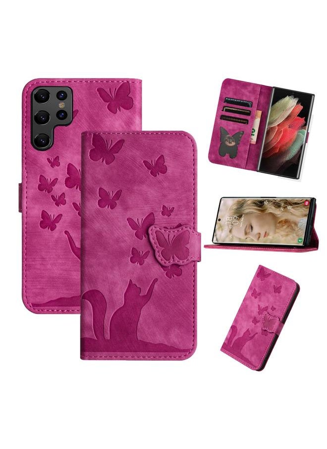 Generic For Samsung Galaxy S25 Ultra Butterfly Cat Embossing Flip Leather Phone Case(Pink) 