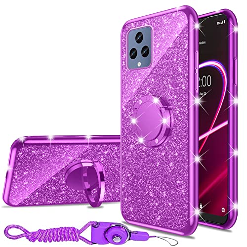 nancheng for T-Mobile Revvl 6 5G Case (Not Revvl 6 Pro), Case for T-Mobile T Phone 5G/Revvl 6X Girls Women Glitter Cute Luxury Soft Silicone Clear Cover with Ring Stand Shockproof Protective Phone Case -Purple - Image 1
