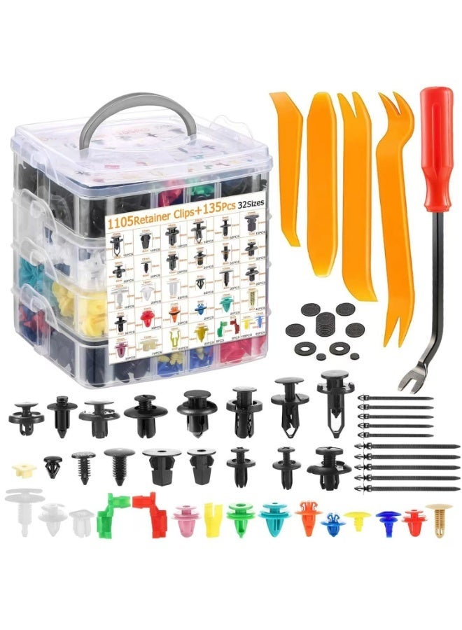 YelaJoy 1240 Pcs Car Retainer Clips & Fasteners Kit – 1105 Clips + 135 Pieces, 32 Universal Sizes Nylon Bumper, Fender Rivets, Door Panel Clips, and Plastic Rivets with 10 Cable Ties and 5 Removal Tools for Toyota, Ford, Honda, Chevy - Image 1