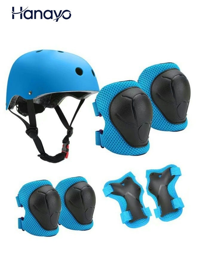 Hanayo 7 Pcs Kids Protective Gear Set Kids Helmet Pad Set Adjustable Kids Bike Helmet Toddler Helmets for Girls Boys Safety Protection Gear for Outdoor Sports(Blue) - Image 1