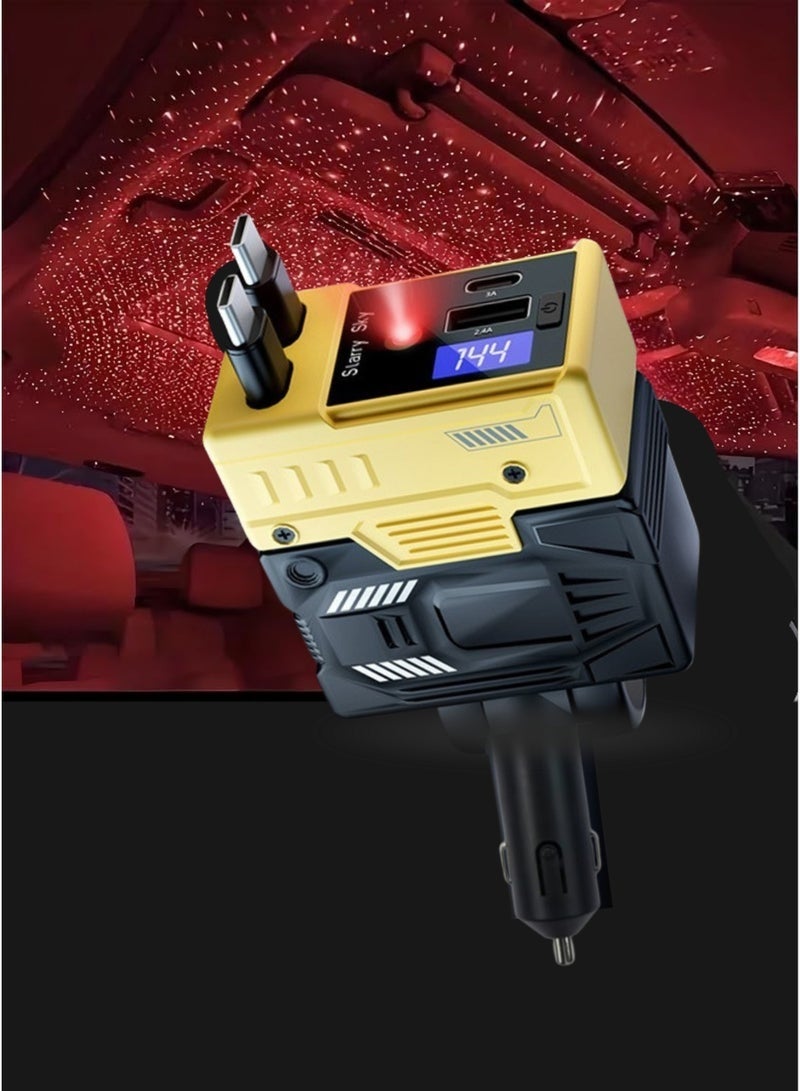 ELTRAZONE 66W 4-in-1 Retractable Car Charger with USB-C & USB-A Ports, Starry Sky Projector, LED Ambient Glow, Fast Charging, Built-in Cables – Compatible with iPhone, Samsung, Pixel & More - Image 1