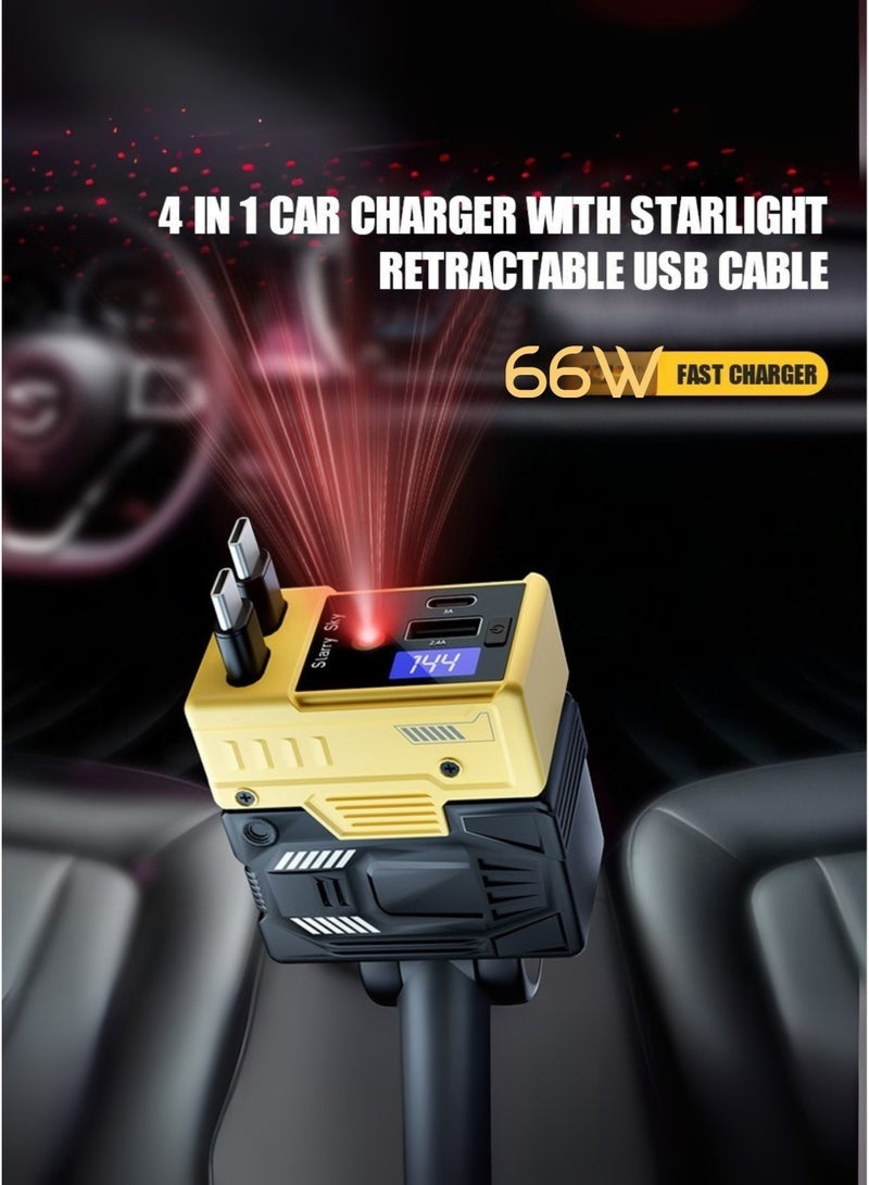 ELTRAZONE 66W 4-in-1 Retractable Car Charger with USB-C & USB-A Ports, Starry Sky Projector, LED Ambient Glow, Fast Charging, Built-in Cables – Compatible with iPhone, Samsung, Pixel & More - Image 2