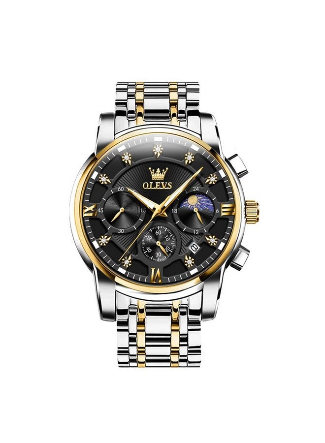 أوليفز ساعة OLEVS للرجال كرونوغراف سوداء بتقويم ألماس وطور القمر وشاشة كوارتز تناظرية فاخرة من الفولاذ المقاوم للصدأ ومقاومة للماء وساعة مضيئة للرجال - Image 1