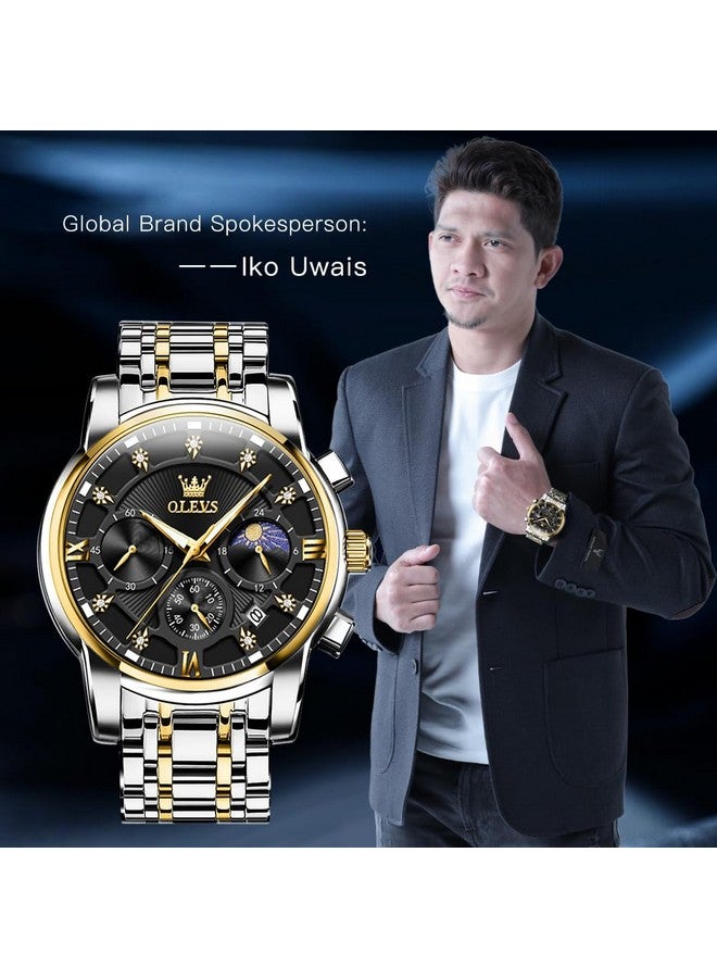 أوليفز ساعة OLEVS للرجال كرونوغراف سوداء بتقويم ألماس وطور القمر وشاشة كوارتز تناظرية فاخرة من الفولاذ المقاوم للصدأ ومقاومة للماء وساعة مضيئة للرجال - Image 2