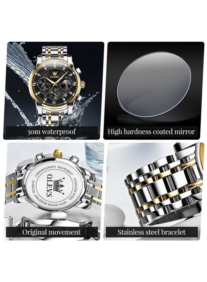 أوليفز ساعة OLEVS للرجال كرونوغراف سوداء بتقويم ألماس وطور القمر وشاشة كوارتز تناظرية فاخرة من الفولاذ المقاوم للصدأ ومقاومة للماء وساعة مضيئة للرجال - Image 5