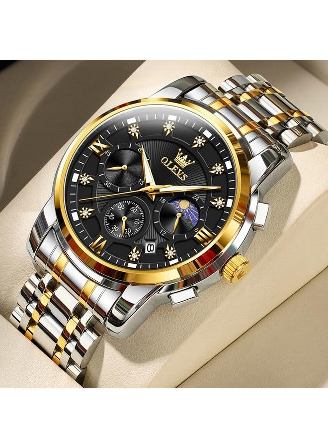 أوليفز ساعة OLEVS للرجال كرونوغراف سوداء بتقويم ألماس وطور القمر وشاشة كوارتز تناظرية فاخرة من الفولاذ المقاوم للصدأ ومقاومة للماء وساعة مضيئة للرجال - Image 3