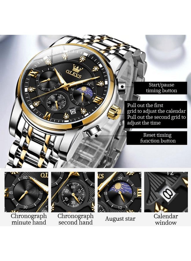 أوليفز ساعة OLEVS للرجال كرونوغراف سوداء بتقويم ألماس وطور القمر وشاشة كوارتز تناظرية فاخرة من الفولاذ المقاوم للصدأ ومقاومة للماء وساعة مضيئة للرجال - Image 4