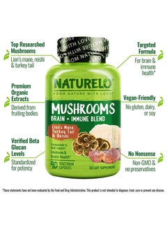 NATURELO Mushroom Brain, Immune Blend Lion's Mane Turkey Tail, Reishi Formulated To Help Support Immune And Brain Health- 90 Vegetarian Capsule  - Image 2