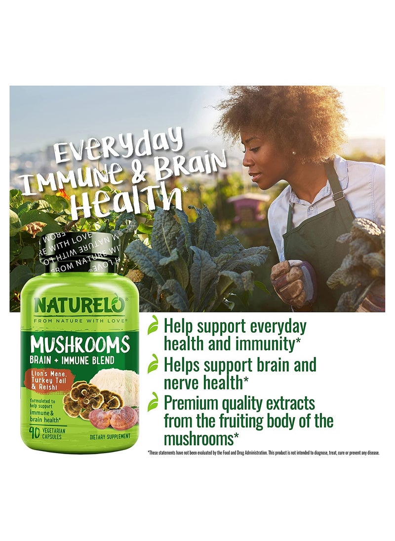 NATURELO - Mushroom Brain, Immune Blend Lion's Mane Turkey Tail, Reishi Formulated To Help Support Immune And Brain Health- 90 Vegetarian Capsule - Image 1