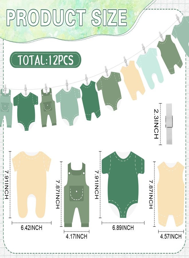 Solsew Green Neutral Baby Shower Banner Decorations 12 Pcs Felt Baby Clothes Bodysuit Clothesline Garland Banner for Gender Reveal Welcome Newborn Birthday Party Supplies - Image 2