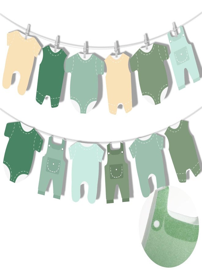 Solsew Green Neutral Baby Shower Banner Decorations 12 Pcs Felt Baby Clothes Bodysuit Clothesline Garland Banner for Gender Reveal Welcome Newborn Birthday Party Supplies - Image 1