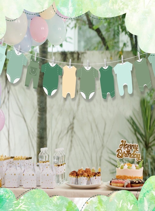 Solsew Green Neutral Baby Shower Banner Decorations 12 Pcs Felt Baby Clothes Bodysuit Clothesline Garland Banner for Gender Reveal Welcome Newborn Birthday Party Supplies - Image 5