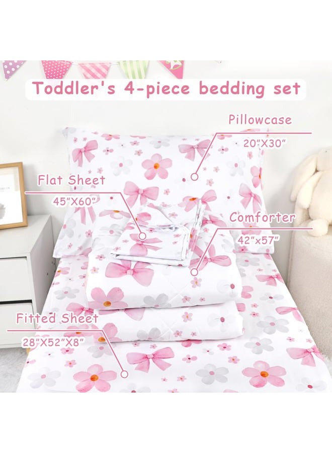 Hooyax Toddler Bedding Set for Girls - 4 Piece Bow Toddler Comforter Set Includes Fitted Sheet, Comforter, Pillowcase & Flat Sheet - Soft Comfort Microfiber for All Seasons - Image 3