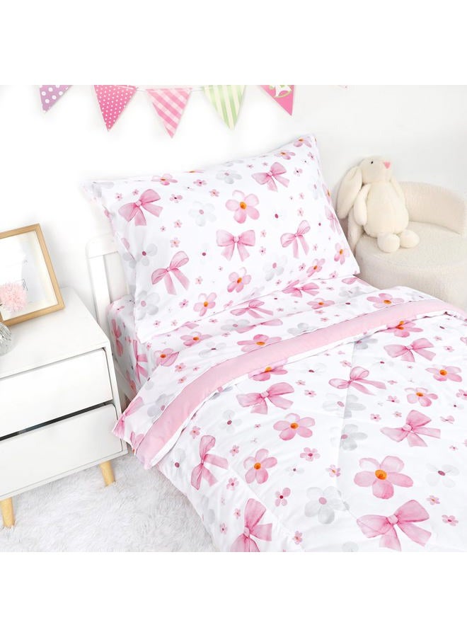 Hooyax Toddler Bedding Set for Girls - 4 Piece Bow Toddler Comforter Set Includes Fitted Sheet, Comforter, Pillowcase & Flat Sheet - Soft Comfort Microfiber for All Seasons - Image 5