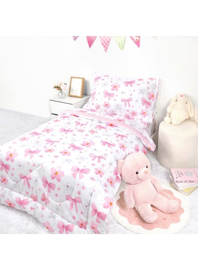 Hooyax Toddler Bedding Set for Girls - 4 Piece Bow Toddler Comforter Set Includes Fitted Sheet, Comforter, Pillowcase & Flat Sheet - Soft Comfort Microfiber for All Seasons - Image 2
