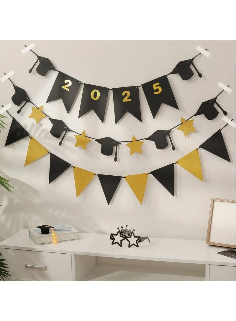 Graduation Decoration – Set of 3 Ribbon Garlands Featuring Various Designs Including Graduation Caps, Flags, and Year Numbers in Black and Gold. Perfect for Graduation Party Decor and Celebration Se - Image 1