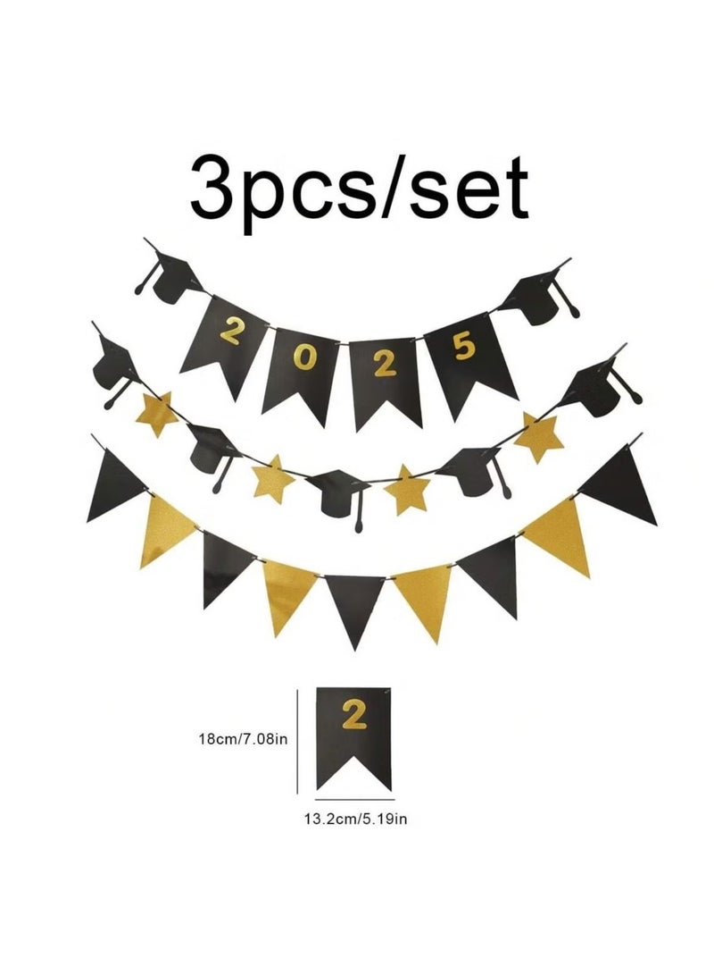 Graduation Decoration – Set of 3 Ribbon Garlands Featuring Various Designs Including Graduation Caps, Flags, and Year Numbers in Black and Gold. Perfect for Graduation Party Decor and Celebration Se - Image 2