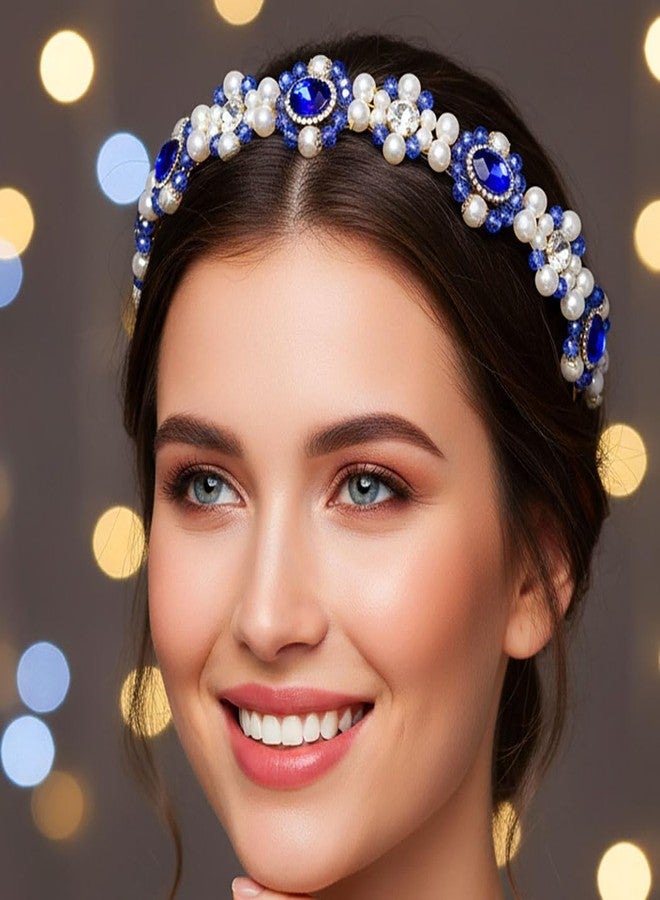 Campsis Sparkly Rhinestone Headbands Blue Pearl Bridal Head Bands Bride Weddding Hair Accessories for Women - Image 3
