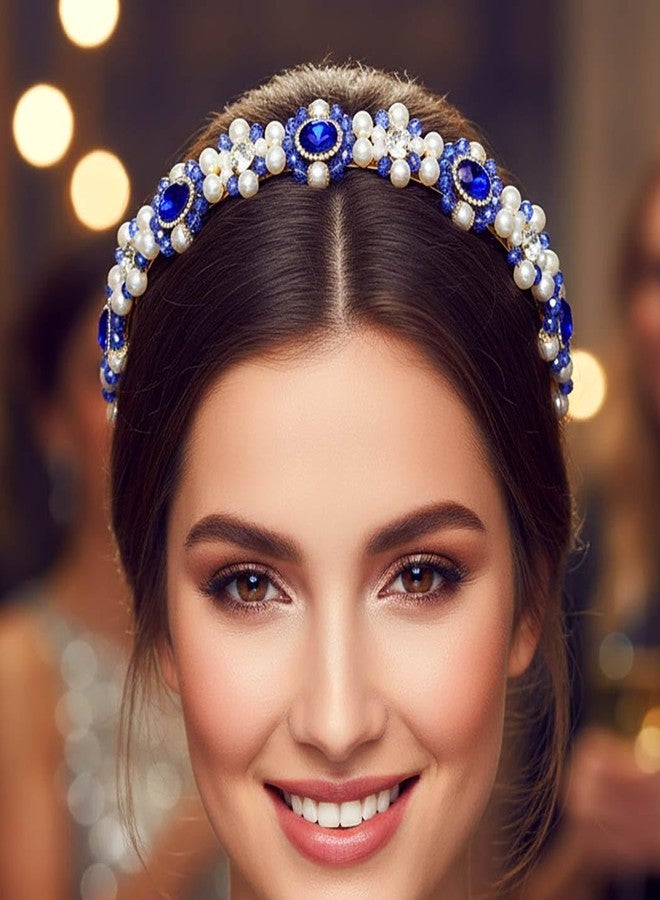 Campsis Sparkly Rhinestone Headbands Blue Pearl Bridal Head Bands Bride Weddding Hair Accessories for Women - Image 1