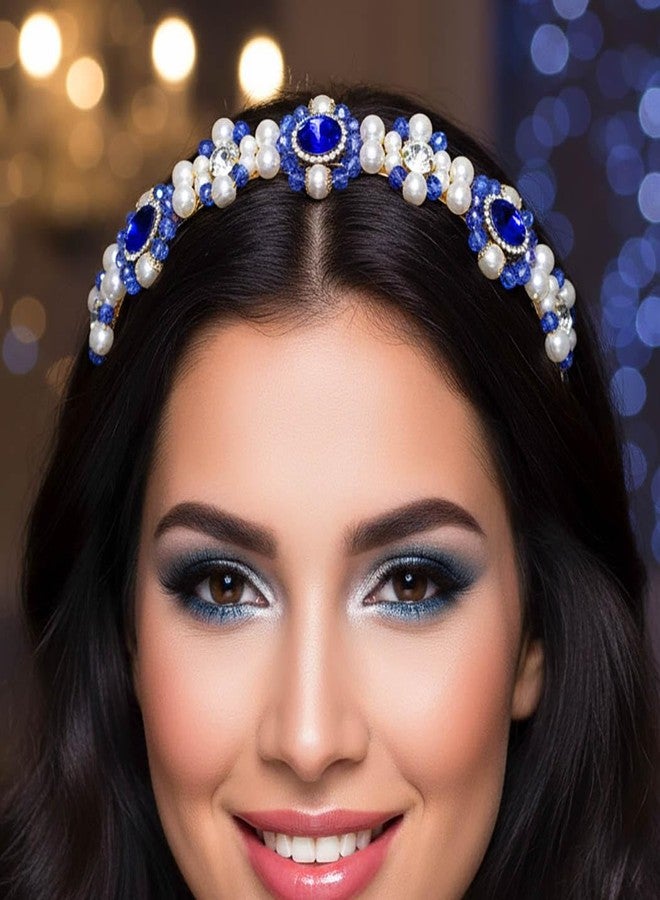 Campsis Sparkly Rhinestone Headbands Blue Pearl Bridal Head Bands Bride Weddding Hair Accessories for Women - Image 5