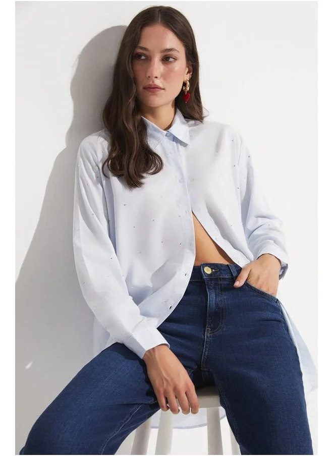 جون June Women Exclusive Oversize/Loose Fit Modal Blend Shirt Ice Blue