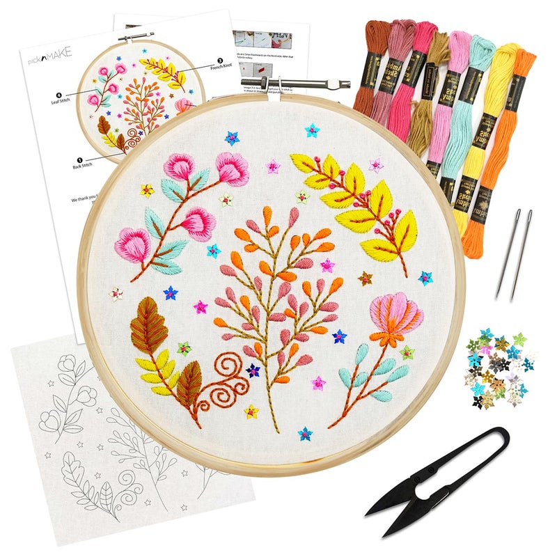 picknMAKE Fabric, Sequins DIY Cross Stitch Hand Embroidery Kit for Beginners Adult with Pattern & Cloth, Multicolor Whimsical Floral, Written Instructions, Embroidery Hoop & All Materials Included - Image 1
