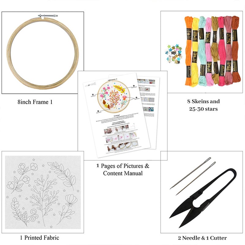 picknMAKE Fabric, Sequins DIY Cross Stitch Hand Embroidery Kit for Beginners Adult with Pattern & Cloth, Multicolor Whimsical Floral, Written Instructions, Embroidery Hoop & All Materials Included - Image 3