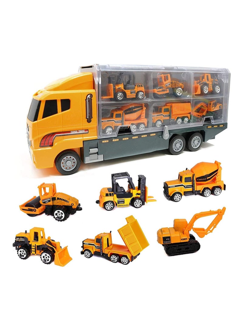 Die Cast Emergency Trucks Vehicles Toy Cars Play Set In Carrier Truck 7 In 1 Transport Truck Emergency Car Set for Kids Gifts (Construction Vehicle Set) - Image 1