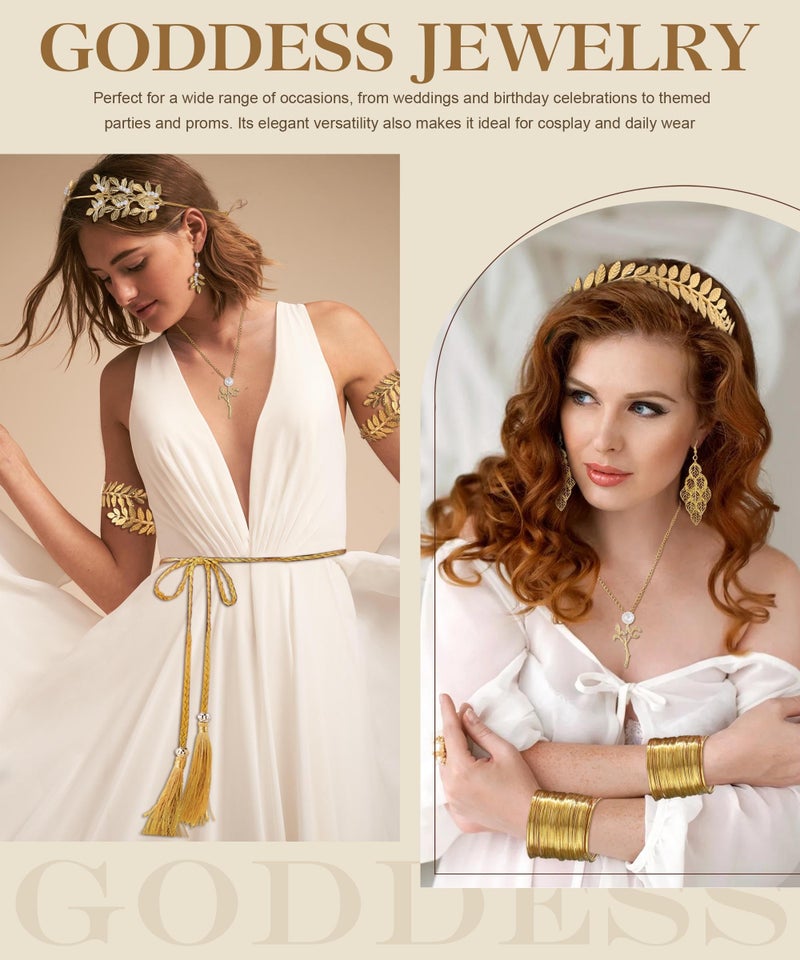 Vieyomn 17 Pcs Greek Goddess Costume Accessories Set for Women Golden Leaf Headband Hair Clips Upper Earrings Arm Cuff Earrings Belt Toga Party Jewelry - Image 4
