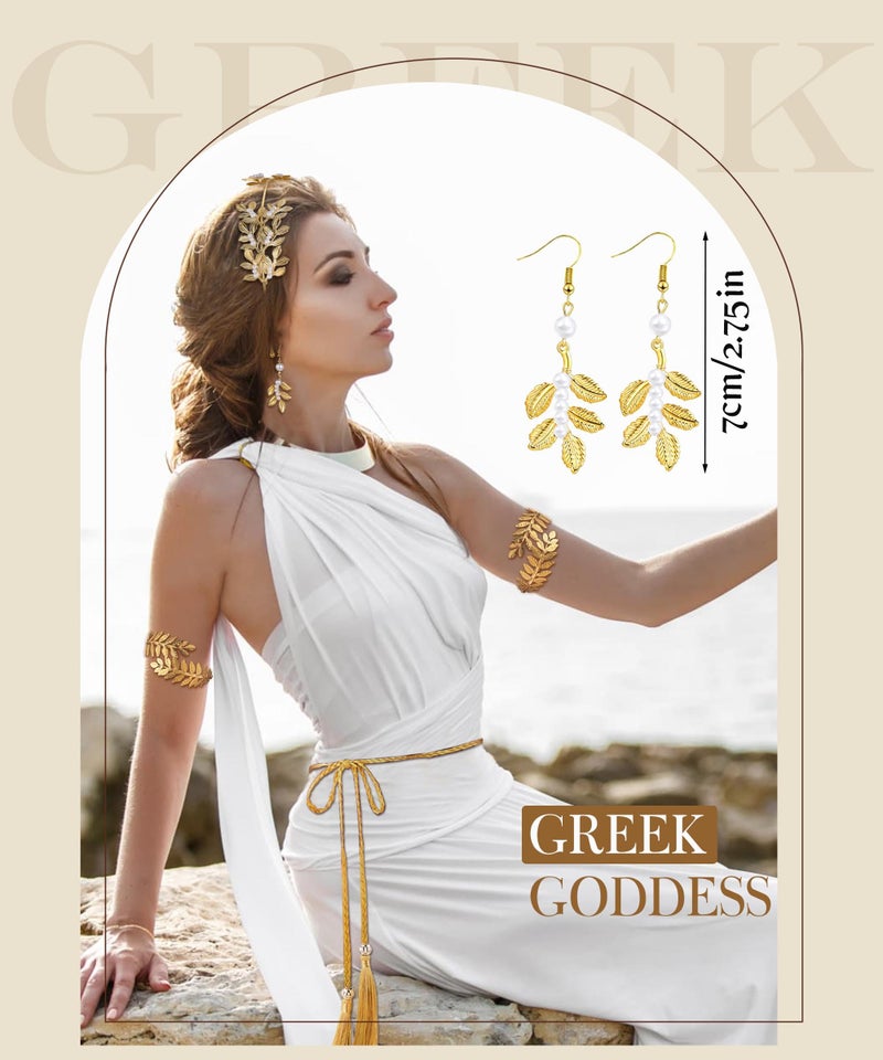 Vieyomn 17 Pcs Greek Goddess Costume Accessories Set for Women Golden Leaf Headband Hair Clips Upper Earrings Arm Cuff Earrings Belt Toga Party Jewelry - Image 2