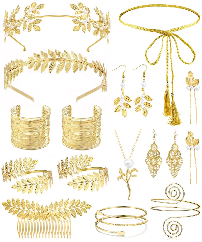 Vieyomn 17 Pcs Greek Goddess Costume Accessories Set for Women Golden Leaf Headband Hair Clips Upper Earrings Arm Cuff Earrings Belt Toga Party Jewelry - Image 1