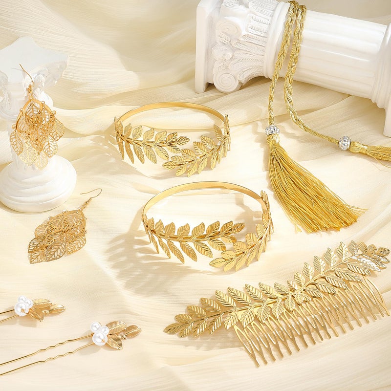 Vieyomn 17 Pcs Greek Goddess Costume Accessories Set for Women Golden Leaf Headband Hair Clips Upper Earrings Arm Cuff Earrings Belt Toga Party Jewelry - Image 5