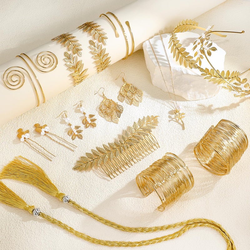 Vieyomn 17 Pcs Greek Goddess Costume Accessories Set for Women Golden Leaf Headband Hair Clips Upper Earrings Arm Cuff Earrings Belt Toga Party Jewelry - Image 3