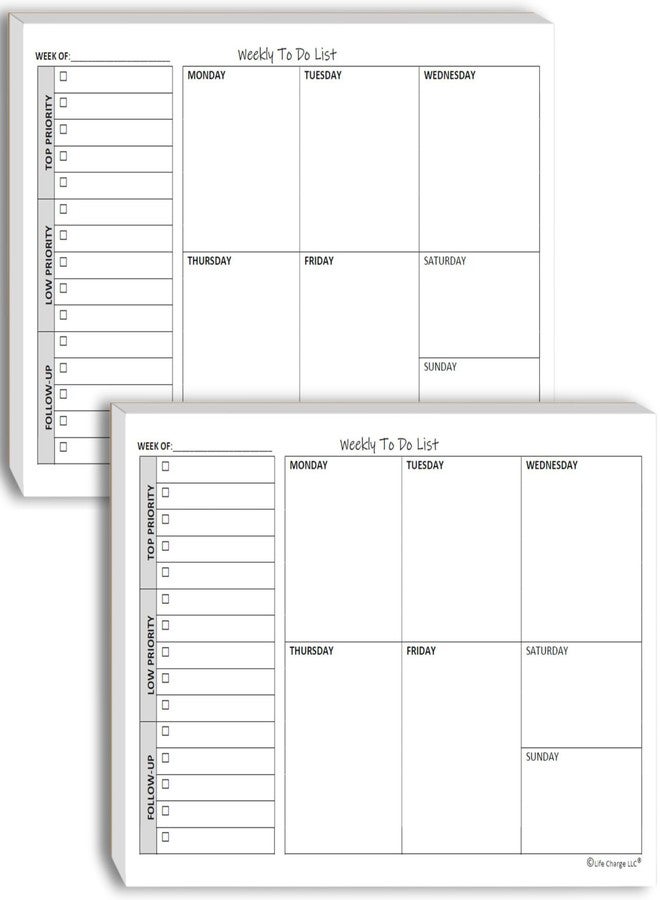 Life Charge Weekly TO DO List Notepads (2 Pack, 50 Pages Each) Task Planner Pads w/Daily Checklist, Priority ToDo & Note Sections. Desk Notebook Pad to Organize Office. 8.5 X 5.5, A5 Sheets. Made in the USA. - Image 1