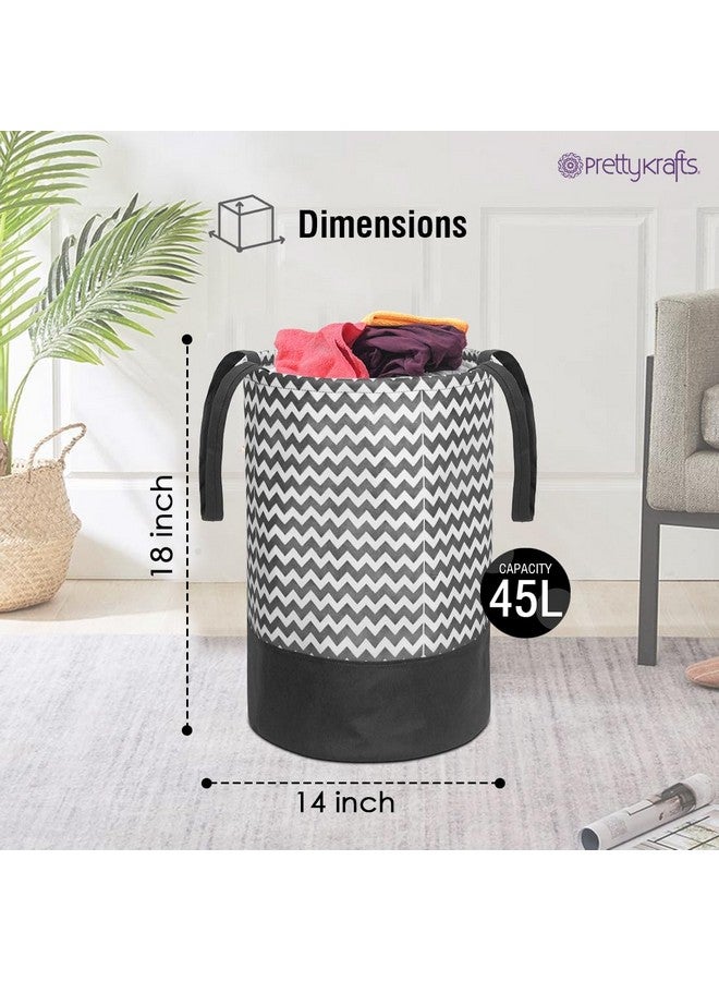 PrettyKrafts 45L Non Woven Wave Printed Round Foldable Large Laundry Bag/Basket With Handle, Freestanding Cloth/Toy Storage Organizer For Bedroom, Bathroom (36X36X45Cm, Black & White, Set Of 1) - Image 3