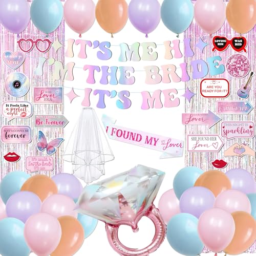 cocomigo Bachelorette Party Decorations Its Me Hi Im The Bride Its Me Banner Pink Tinsel Foil Curtains Bride to Be Sash and Veil Bridal Photo Props Bachelorette Balloons Bridal Shower Fecorations - Image 1
