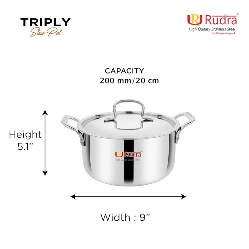 Rudra TriPly SAS SteelAluminiumSteel 3 Layers Stewpot Casserole Biryani Pot Stock Pot with SS Lid Silver RU9003 20 cm - Image 2