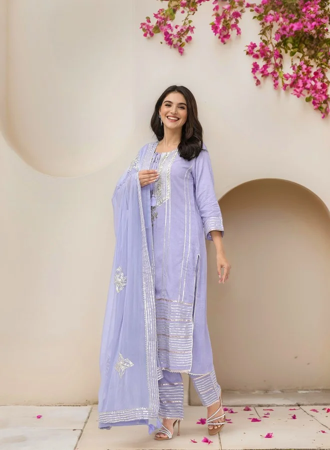 ISHIN Women's Lilac 100% Cotton Embroidered Straight Fit Kurta Set