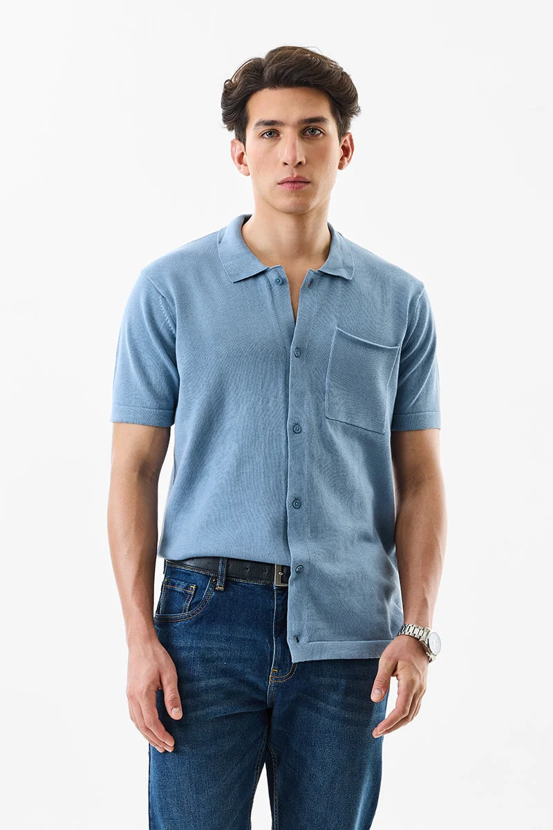 SNITCH Slim Fit Cotton Flat Knit Sky Blue Shirt