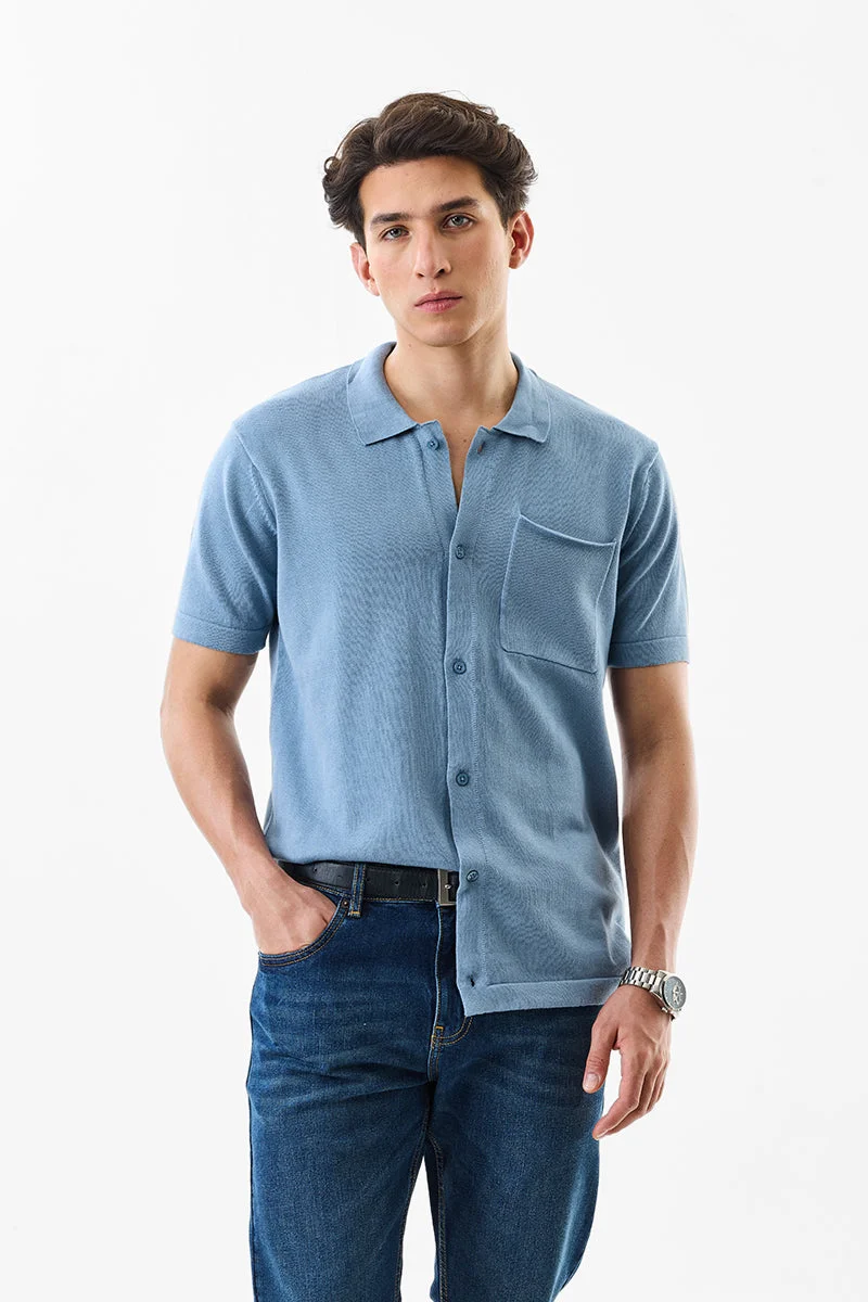 SNITCH Slim Fit Cotton Flat Knit Sky Blue Shirt