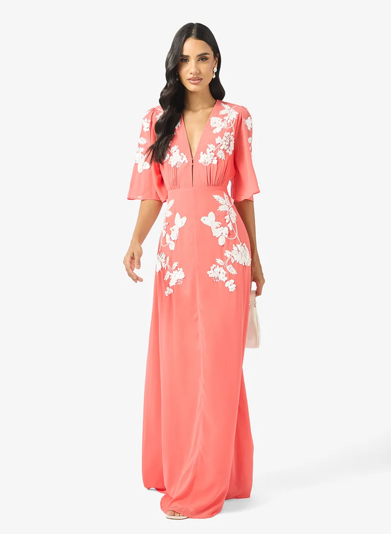 Embellished Plunge Neck Flutter Sleeve Maxi Dress
