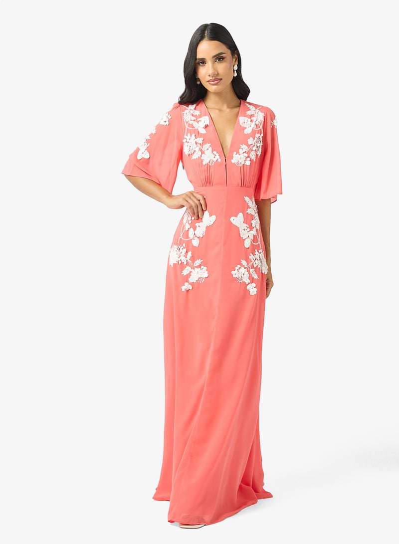Hope & Ivy Embellished Plunge Neck Flutter Sleeve Maxi Dress - Image 4