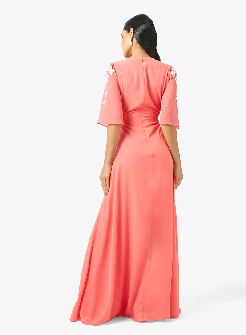 Hope & Ivy Embellished Plunge Neck Flutter Sleeve Maxi Dress