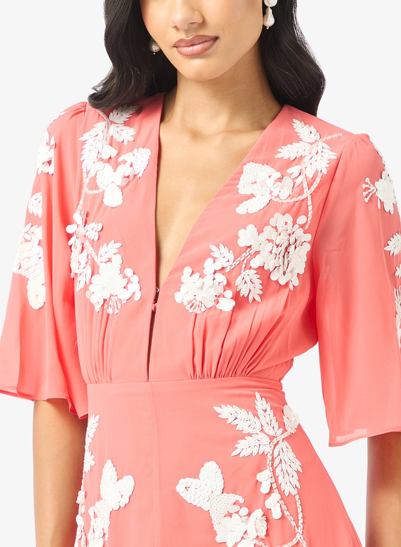 Hope & Ivy Embellished Plunge Neck Flutter Sleeve Maxi Dress - Image 3