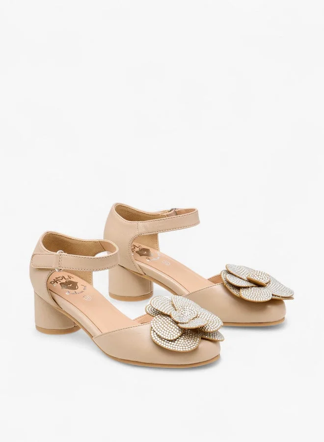 Pablosky Girls' Floral Embellished Block Heeled Sandals with Hook and Loop Closure