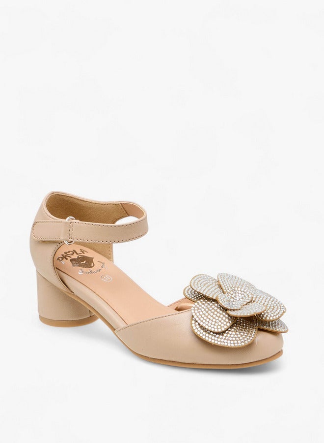 Pablosky Girls' Floral Embellished Block Heeled Sandals with Hook and Loop Closure - Image 3