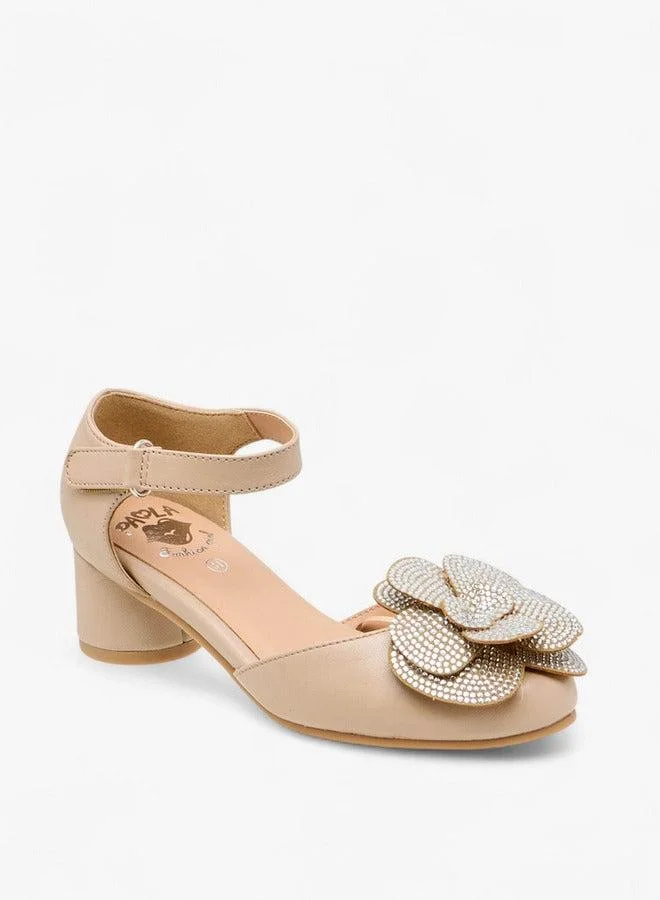 بابلوسكي صنادل بكعب عريض مزينة بالزهور للبنات بإغلاق بشريط لاصق