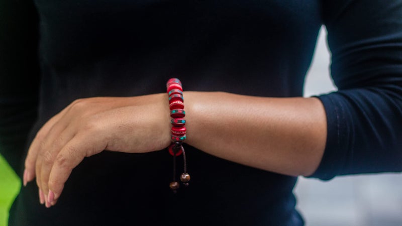 Hands Of Tibet Tibetan Mala Embedded Medicine Wrist Mala for Meditation Handmade Draw String Silk Pouch (Red Healing medicine bracelet)  - Image 2