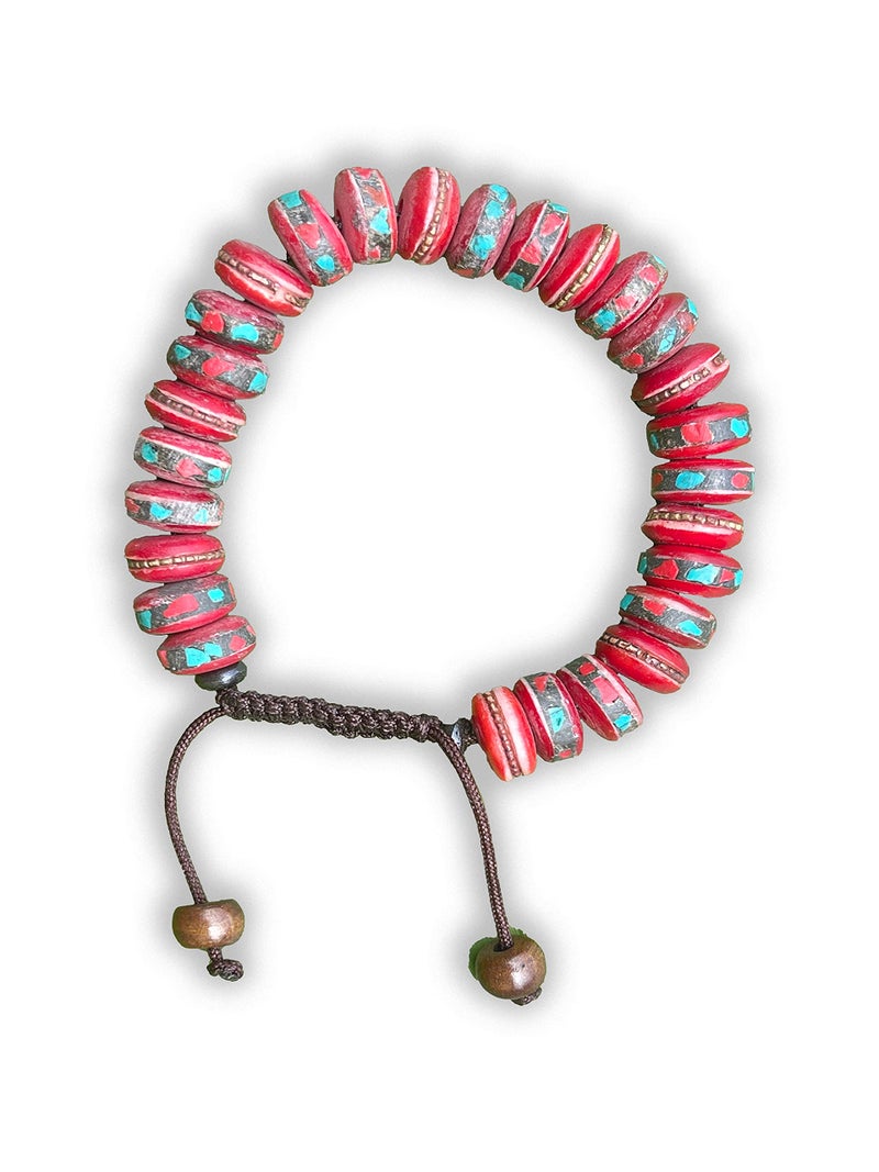 Hands Of Tibet Tibetan Mala Embedded Medicine Wrist Mala for Meditation Handmade Draw String Silk Pouch (Red Healing medicine bracelet)  - Image 1